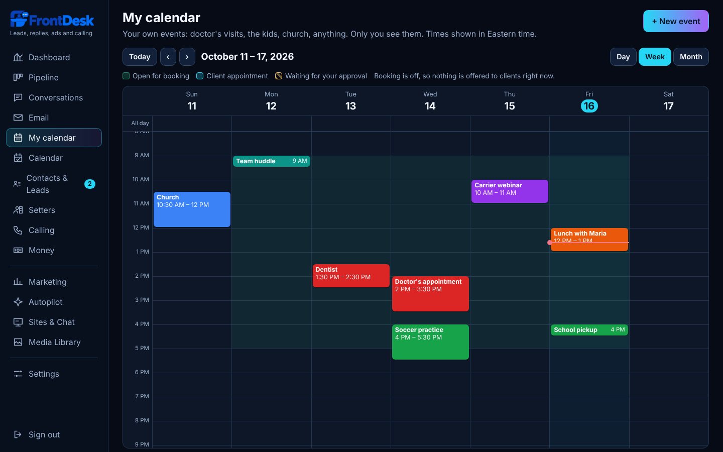 A week calendar with personal events and open booking hours