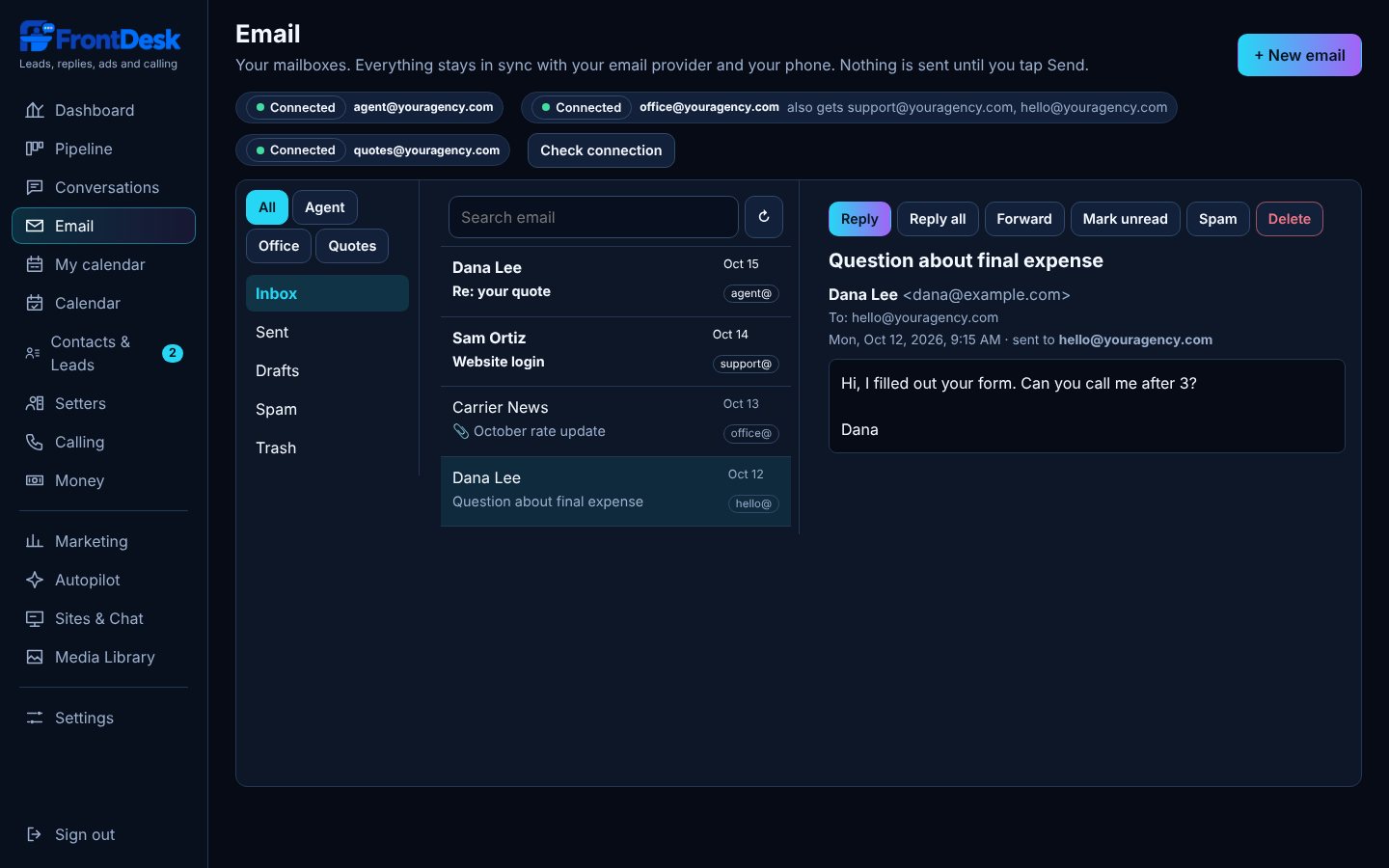 An email inbox with three mailboxes